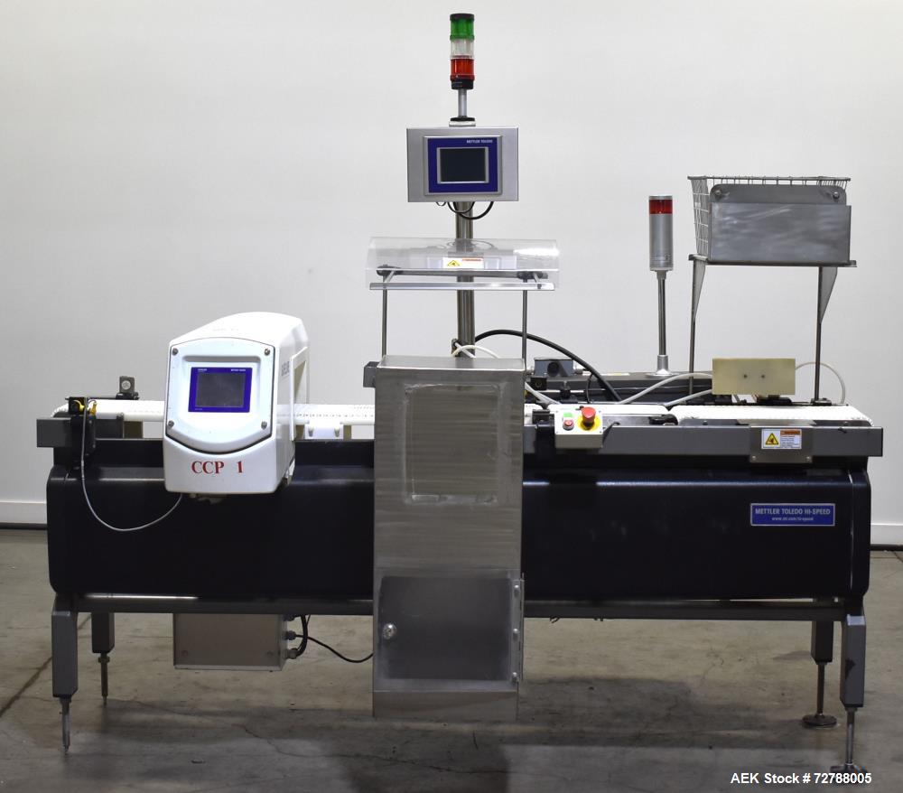Used Mettler-Toledo Safeline Hi-Speed Model XE Combination Metal Detector and Checkweigher. Capable of speeds up to 500 packages per minute. Capable of weighing product up to 7kg. Approximate 7-3/4" ...